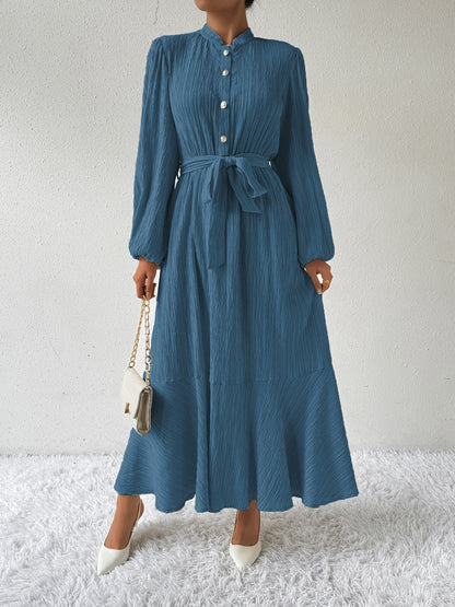 Textured Mandarin Collar Bishop Sleeve Tie Belt Tiered Maxi Dress