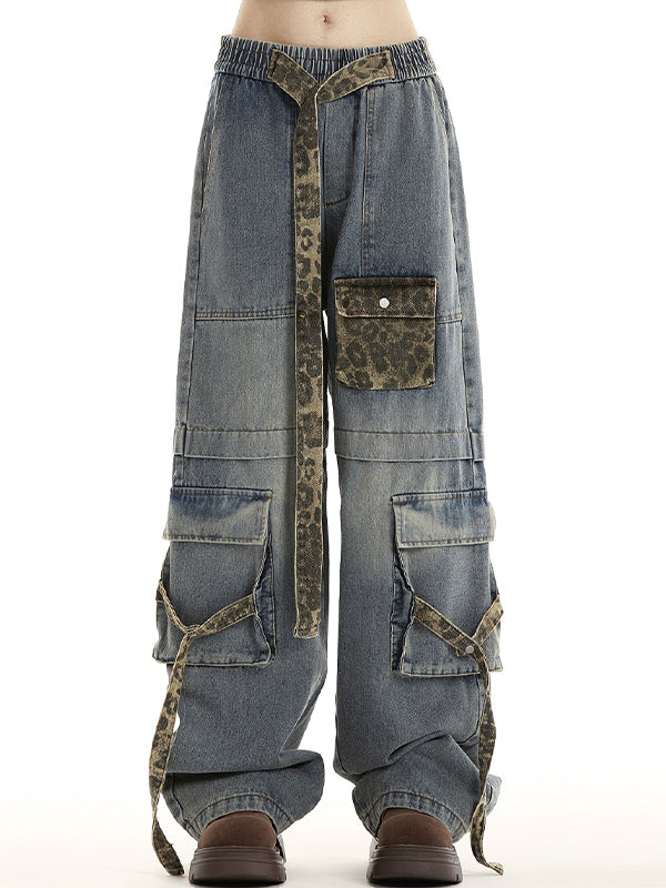 Vintage leopard print multi-pocket straps Cargo Jeans