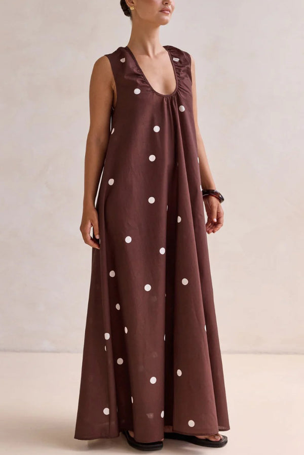 Striped Polka Dot Print Loose Sleeveless Casual Vacation Maxi Dress