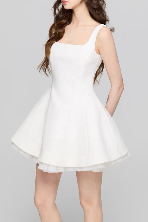 Square Neck Princess Seam Tulle Underlay Fit and Flare Mini Dress
