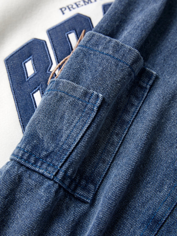 Denim Splice Letter Print Lapel Neck Oversized Hoodie