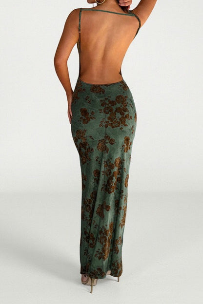 Spaghetti Strap Open Back Floral Print Bodycon Maxi Dress