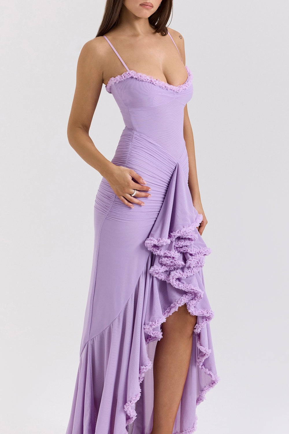 Sweetheart Spaghetti Strap Ruched Mesh Ruffle Trim Wrap High Slit Maxi Dress