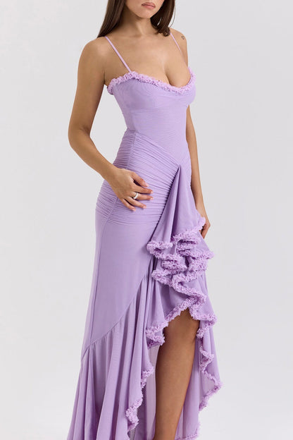Sweetheart Spaghetti Strap Ruched Mesh Ruffle Trim Wrap High Slit Maxi Dress