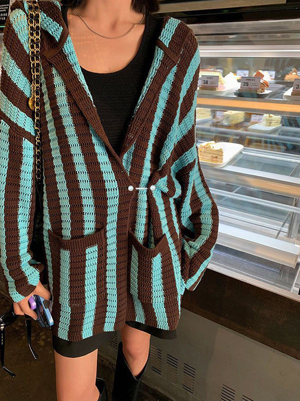 Knit Contrast Color Stripe Hooded Cardigan