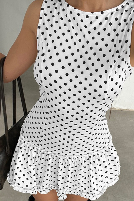 Polka Dot Sleeveless Crew Neck Ruffle Hem Bodycon Mini Dress