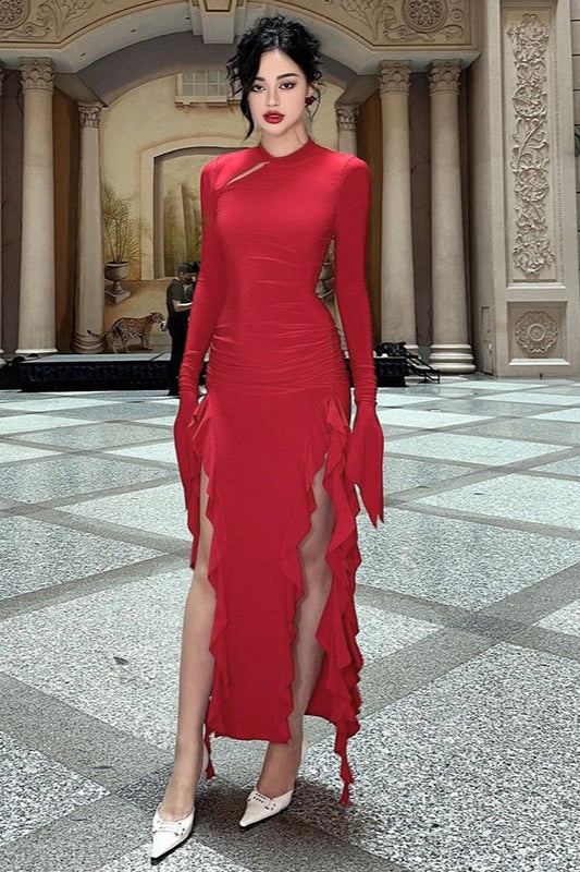 Crew Neck Ruched Long Sleeve Integrated Glove High Slit Ruffle Trim Maxi Dress