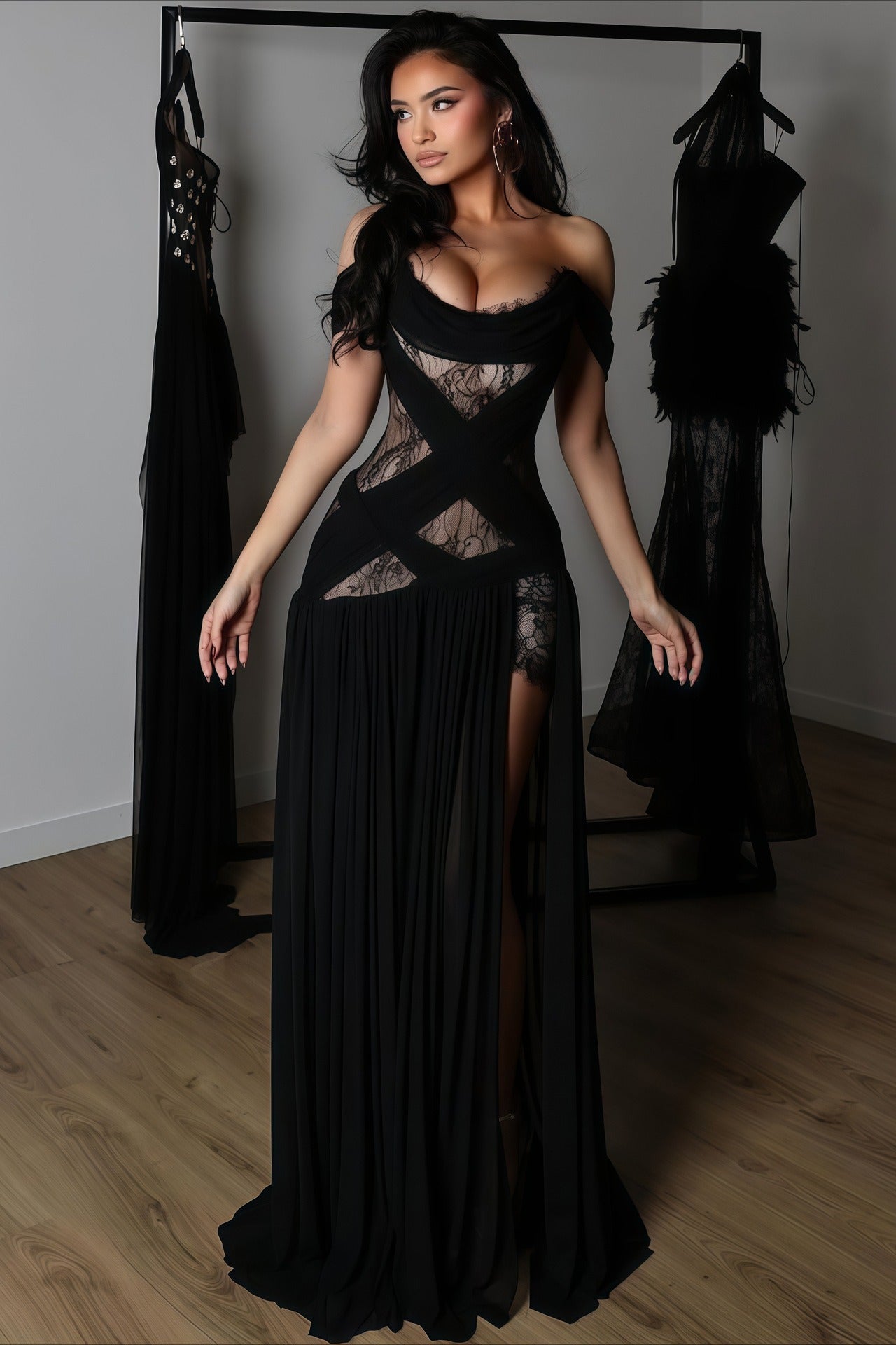 | Lace Patchwork Cutout Sheer Slit Maxi Dress