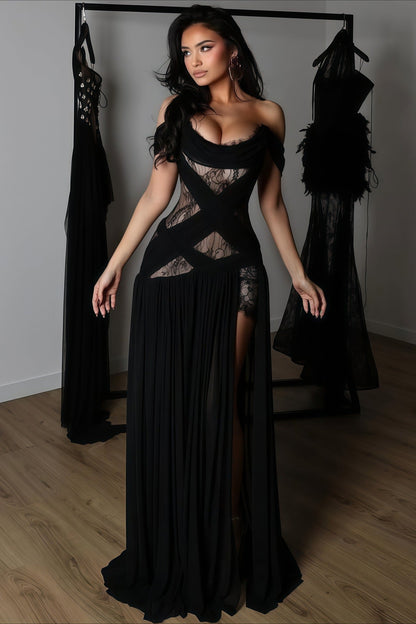 | Lace Patchwork Cutout Sheer Slit Maxi Dress