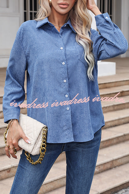 Tiko Miko Corduroy Button Down Long Sleeve Pocket Striped Shirt