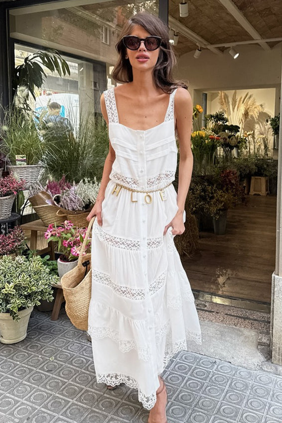 | Lace Patchwork Ruffle Maxi Dress