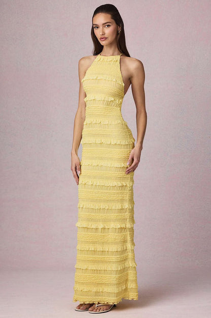 | Backless Ruched Pleated Maxi Dress