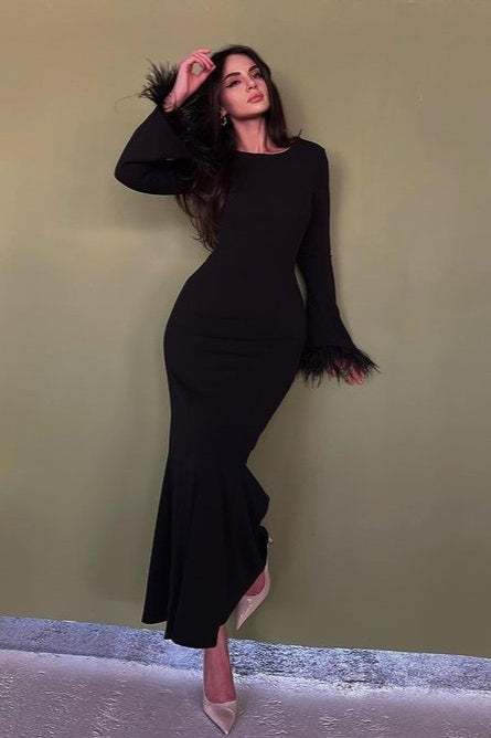 Feather Cuff Long Sleeve Crew Neck Mermaid Ruffle Hem Maxi Dress