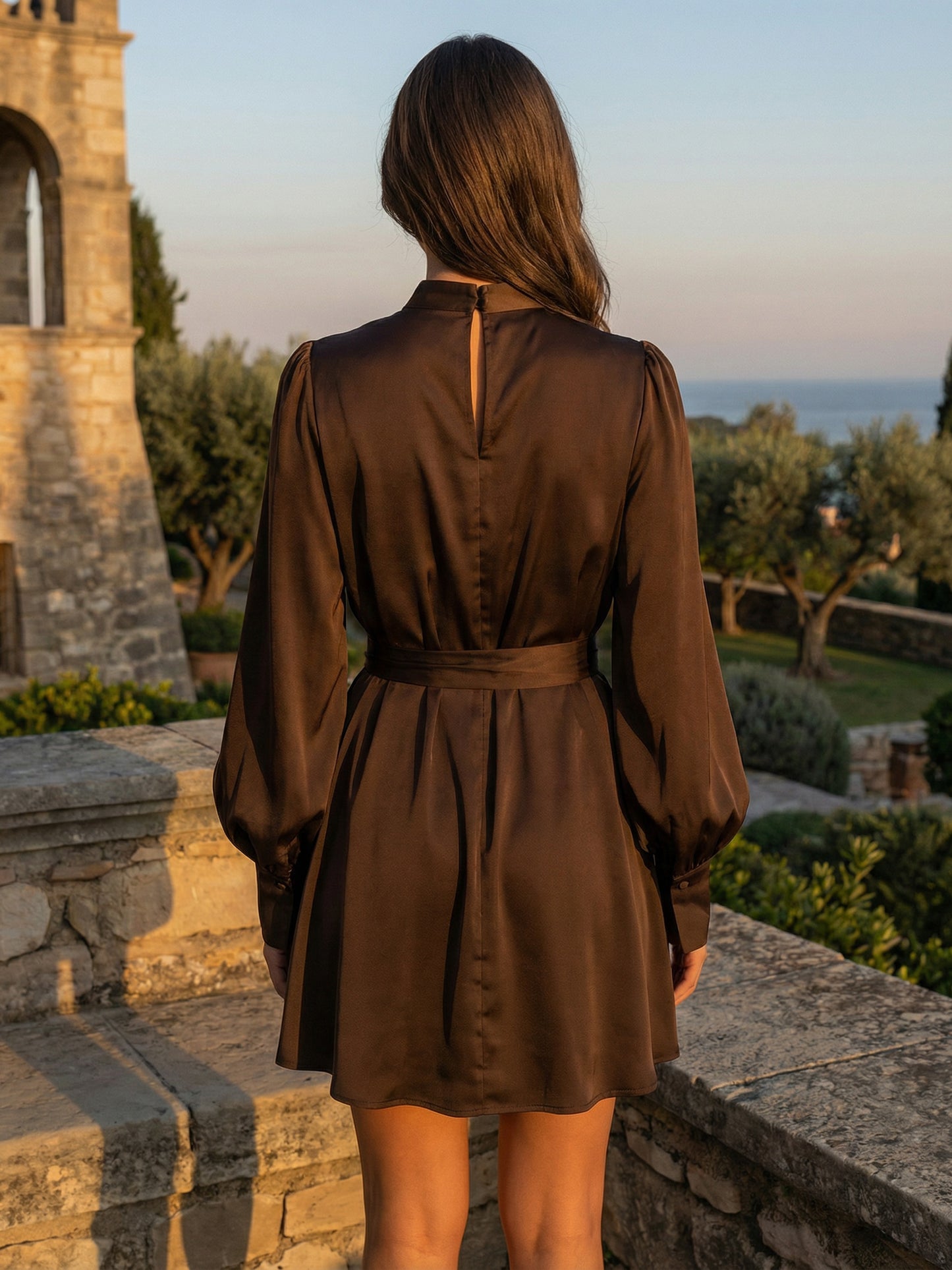 Brown Satin Mini Shirt Dress With High Neck And Lantern Sleeve For Women 2026