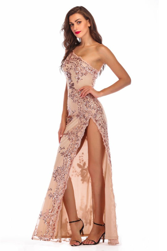 One-Shoulder Sequin Embroidered Mesh High Slit Bodycon Floor-Length Gown