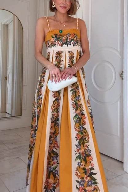 Bloom Bright Linen Blend Floral Print Beaded Shoulder Straps Pocket Maxi Dress