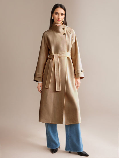 White Wool Cashmere Blend Coat Stand Collar Double-Faced Belted Winter Outerwear For Women 2026