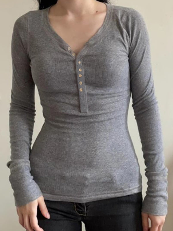 Solid Color Breasted V Neck Long Sleeve Knit
