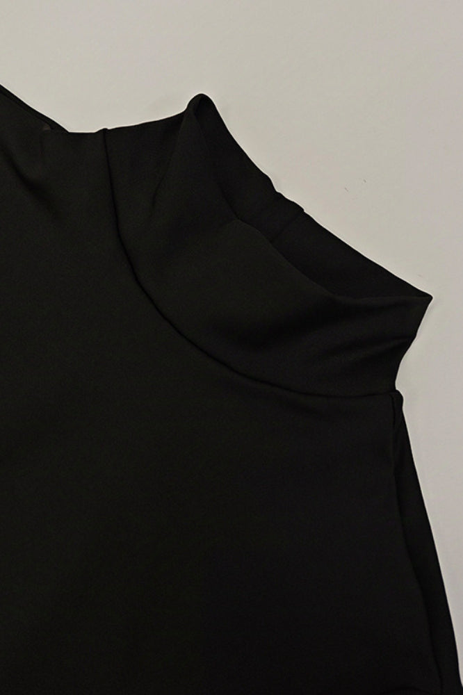 Mock Neck Long Sleeve Ruched Tie Waist High Slit Bodycon Maxi Dress