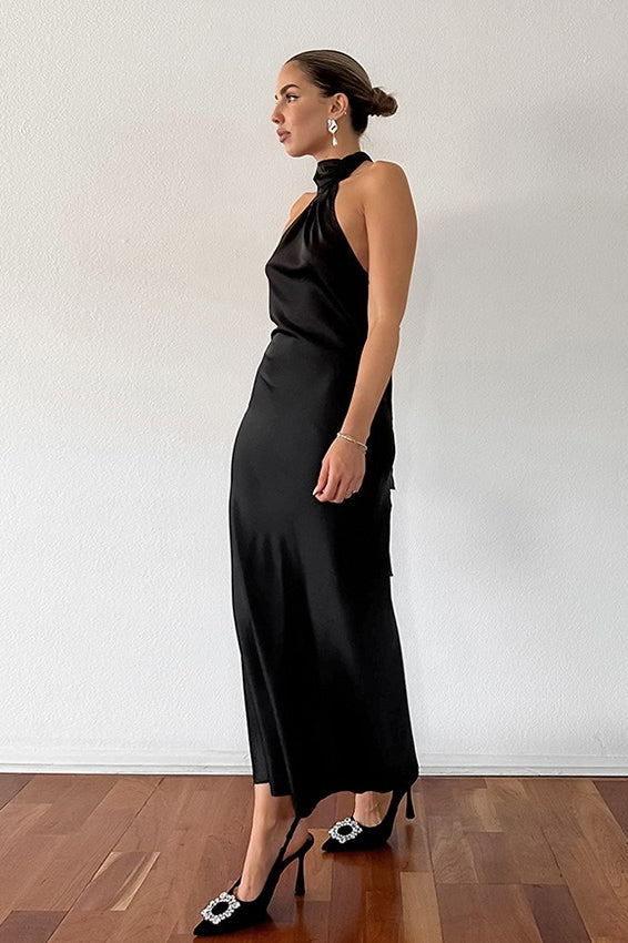 Halter Neck Ruched Collar Satin Column Maxi Dress