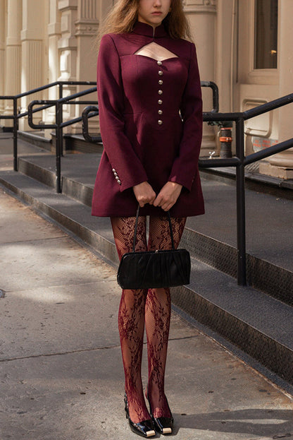 Elegant Long-sleeved Hollowed-out Button-down Slim-fit Mini Dress