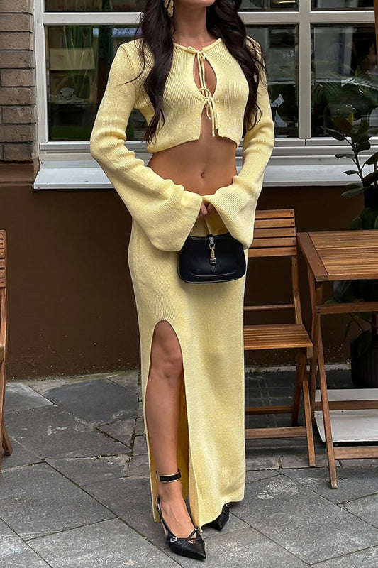 Knit Tie-Up Bell Long Sleeve Top And Side Split Skirt Set