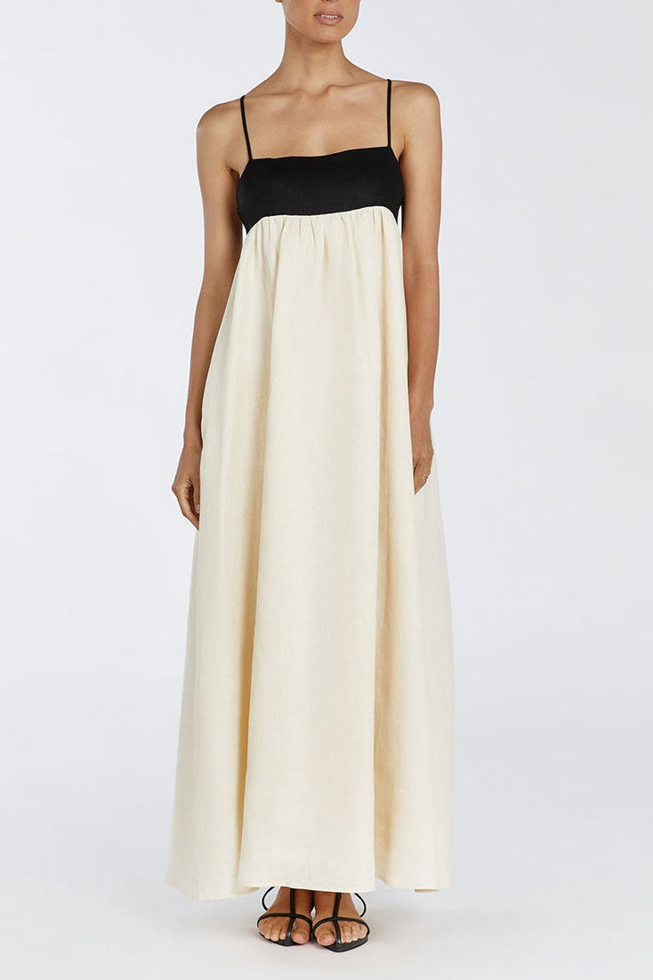 Linen Blend Colorblock Spaghetti Strap Empire Waist Gathered Maxi Dress