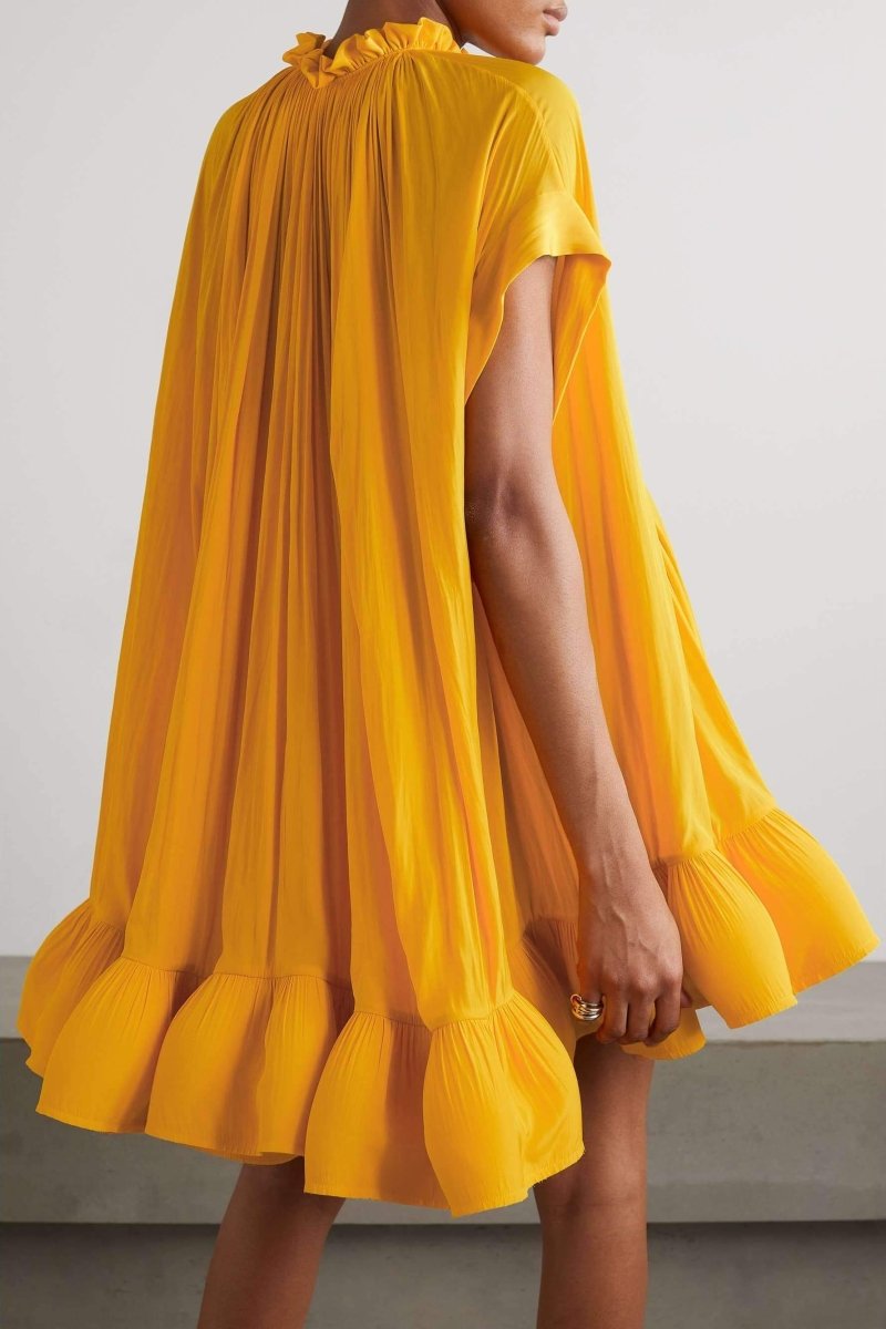 Ruffle Collar Cape Sleeve Stitched Waist Panel Tiered Flounce Hem Mini Dress