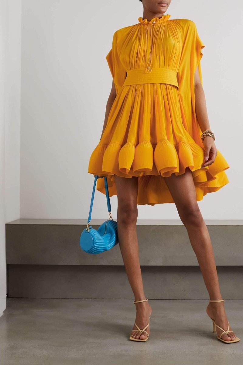 Ruffle Collar Cape Sleeve Stitched Waist Panel Tiered Flounce Hem Mini Dress