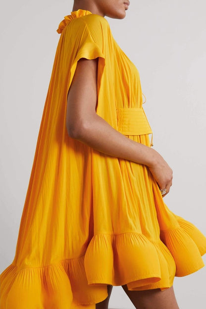Ruffle Collar Cape Sleeve Stitched Waist Panel Tiered Flounce Hem Mini Dress
