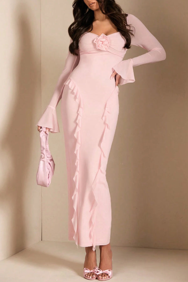 Solid Color Long-sleeved Ruffled Slim-fit Maxi Dress