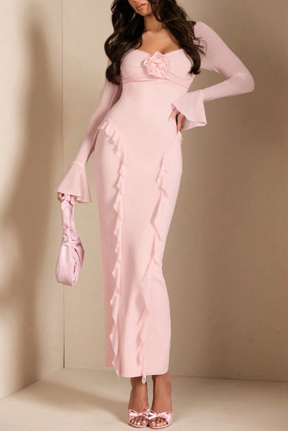 Solid Color Long-sleeved Ruffled Slim-fit Maxi Dress