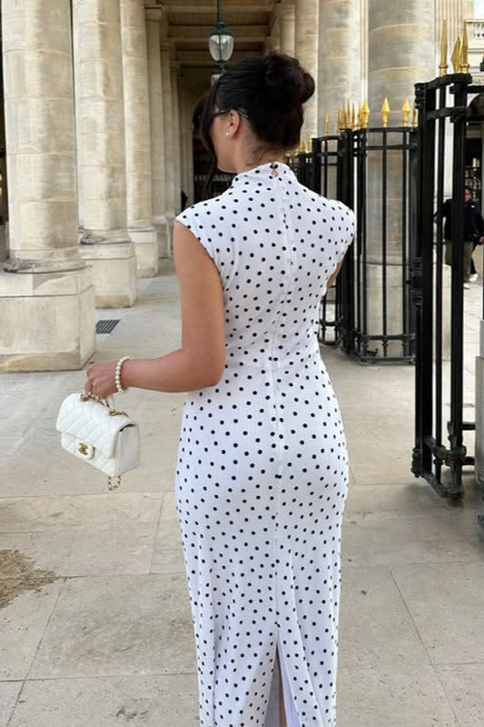 Polka Dot Plissé Texture Mock Neck Sleeveless Bodycon Maxi Dress