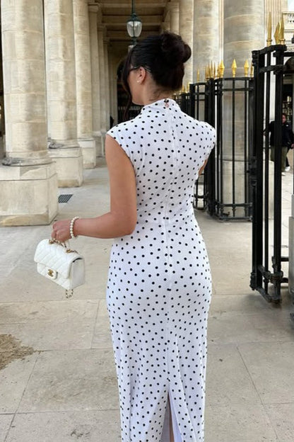 Polka Dot Plissé Texture Mock Neck Sleeveless Bodycon Maxi Dress