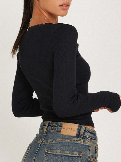 Skull Cross Print Lace Trim Long Sleeve Knit