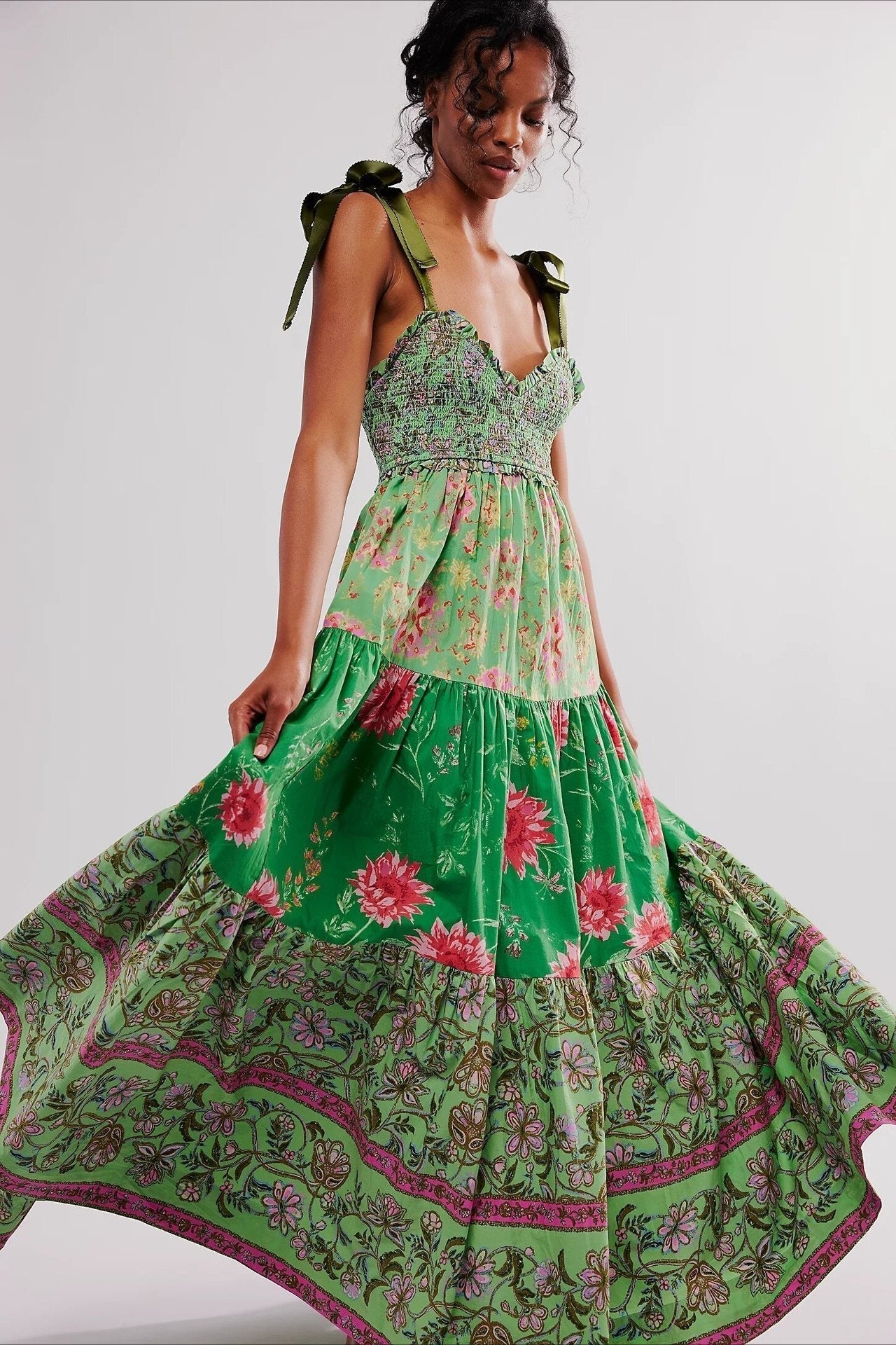Smocked Sweetheart Neck Tie Shoulder Tiered Floral Paisley Maxi Dress