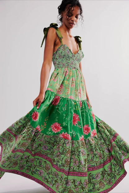 Smocked Sweetheart Neck Tie Shoulder Tiered Floral Paisley Maxi Dress