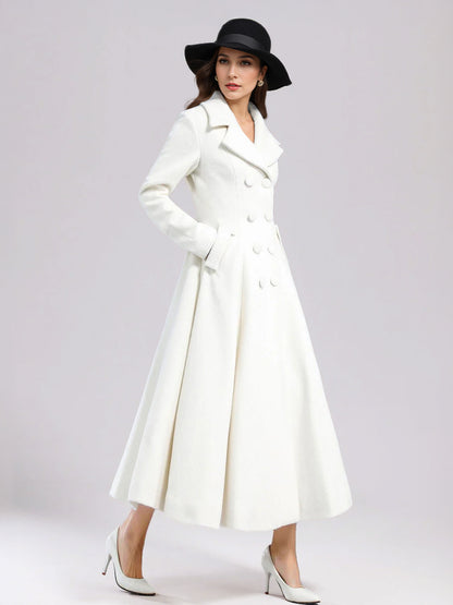 White Woolen Flared Coat For Woman Wide Lapel Double-breasted Winter A-line Midi Outerwear 2026