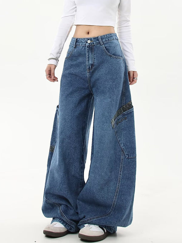 American Retro Leopard Print Stitching Boyfriend Jeans