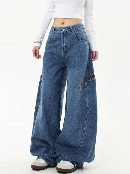 American Retro Leopard Print Stitching Boyfriend Jeans