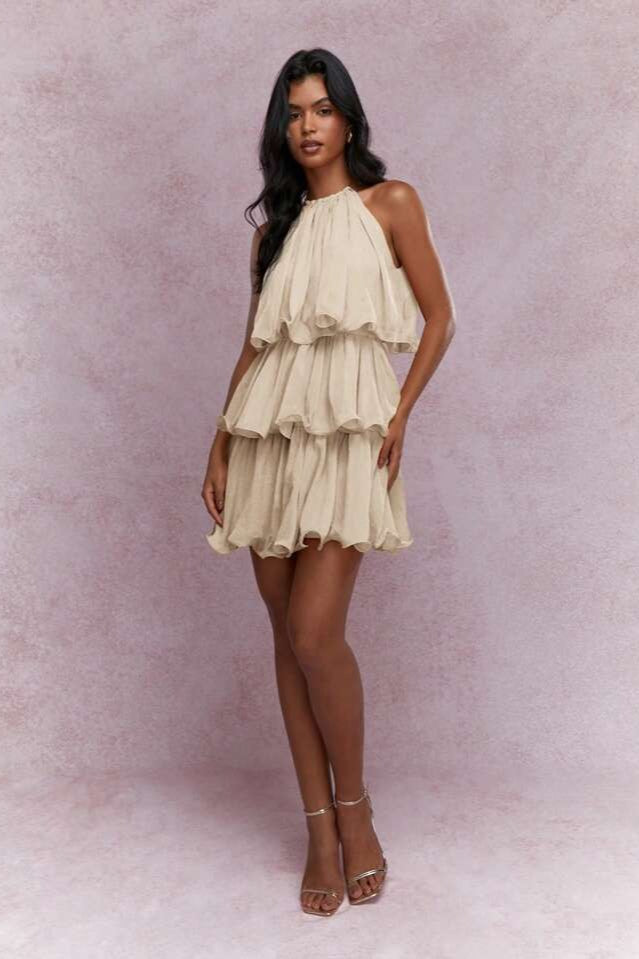 Halter Neck Tiered Ruffle Sleeveless Mini Dress
