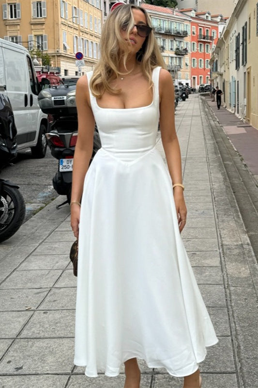 Square Neck Wide Strap Sleeveless Full Skirt Midi Dress