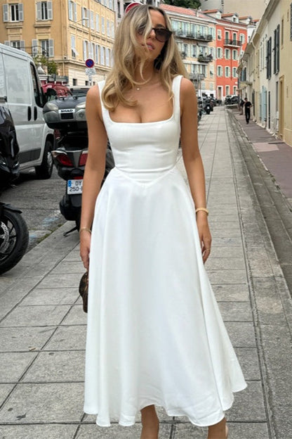 Square Neck Wide Strap Sleeveless Full Skirt Midi Dress