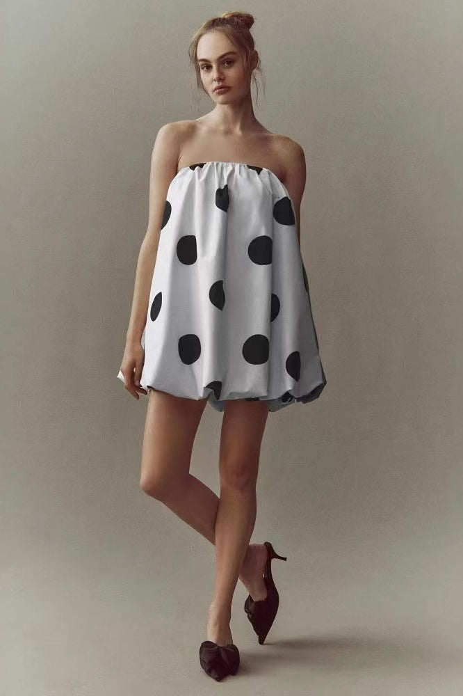 Polka Dot Strapless Gathered Bubble Hem Tent Mini Dress
