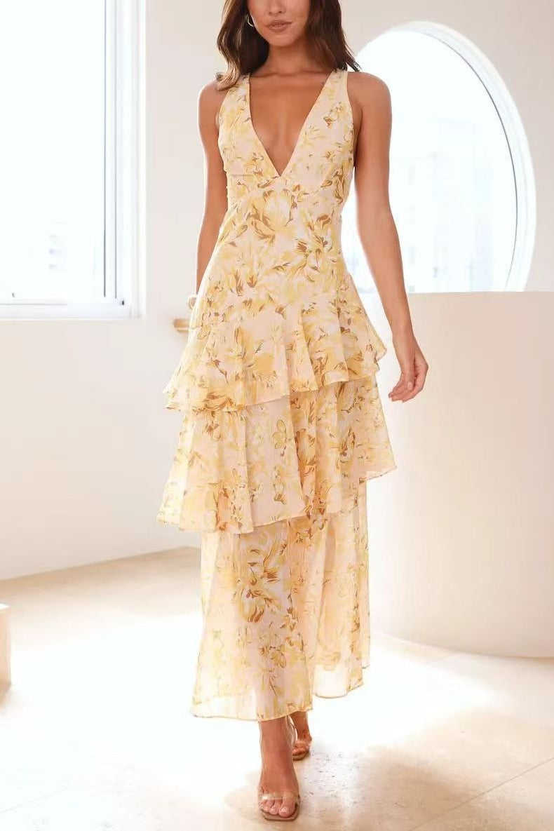 Deep V Neck Sleeveless Tiered Ruffle Floral Maxi Dress