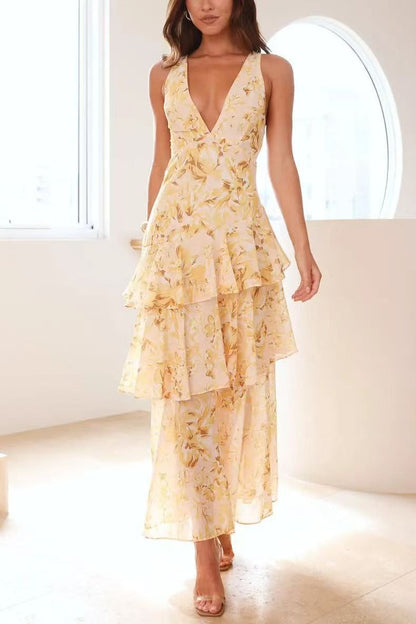 Deep V Neck Sleeveless Tiered Ruffle Floral Maxi Dress