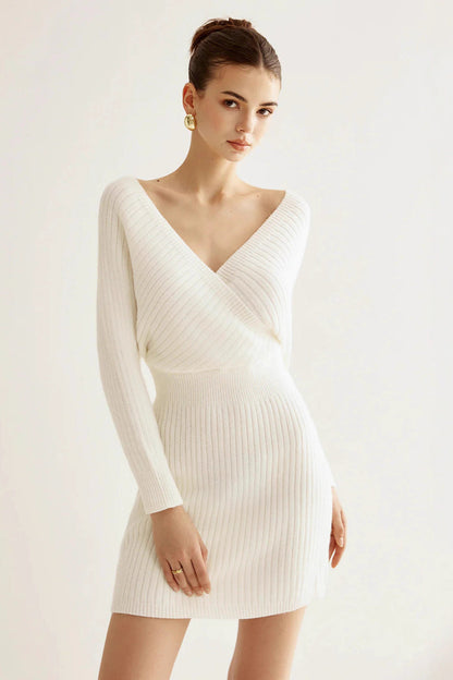 Surplice V Neck Dolman Sleeve Rib Knit Cinched Waist Bodycon Mini Dress