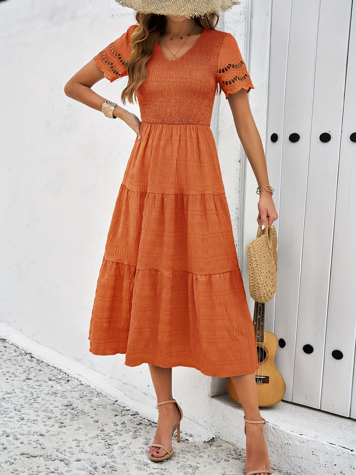 Eyelet Embroidery Smocked V-Neck Scalloped Cap Sleeve Tiered Crinkle Midi Dress