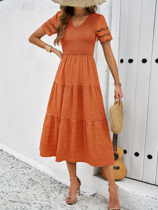 Eyelet Embroidery Smocked V-Neck Scalloped Cap Sleeve Tiered Crinkle Midi Dress