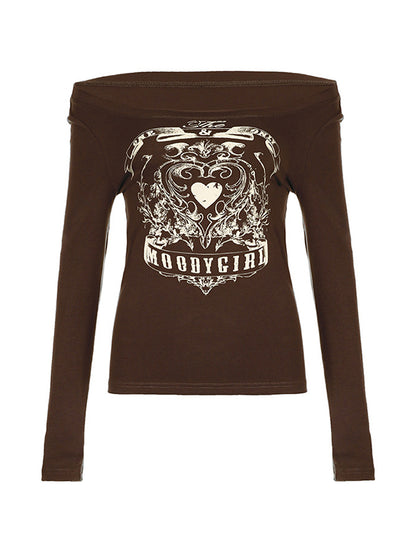 Vintage Heart Print Off Shoulder Long Sleeve Tee